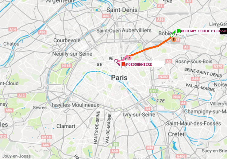 plan itinéraire ratp de Bobigny-Pablo-Picasso à Poissonnière