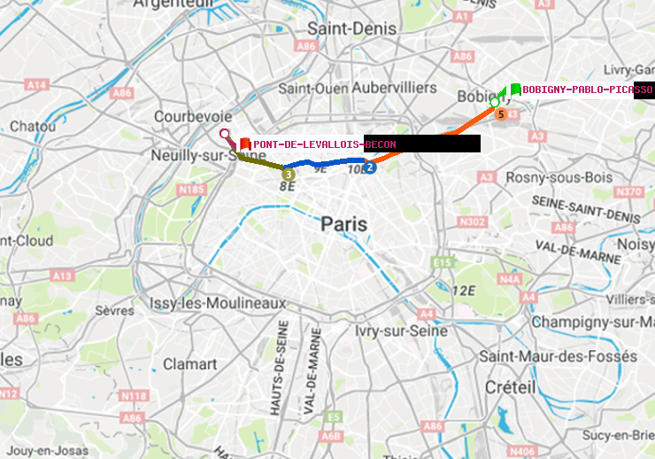 plan itinéraire ratp de Bobigny-Pablo-Picasso à Pont de Levallois-Bécon