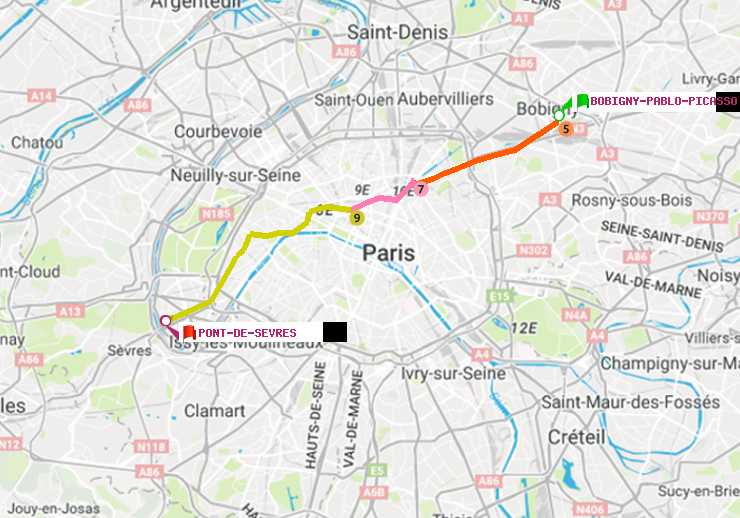 plan itinéraire ratp de Bobigny-Pablo-Picasso à Pont de Sèvres