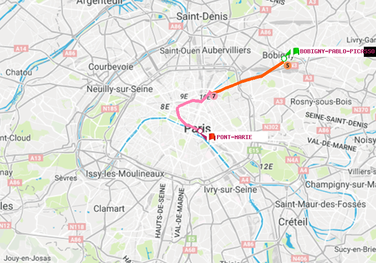 plan itinéraire ratp de Bobigny-Pablo-Picasso à Pont Marie (Cité des Arts)