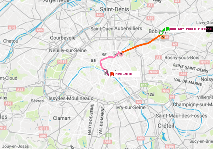 plan itinéraire ratp de Bobigny-Pablo-Picasso à Pont Neuf