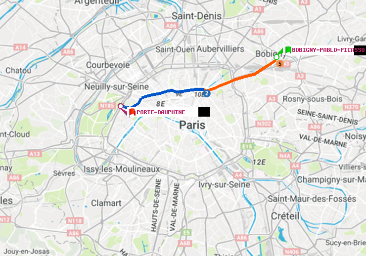 plan itinéraire ratp de Bobigny-Pablo-Picasso à Porte Dauphine (Maréchal de Lattre de Tassigny)