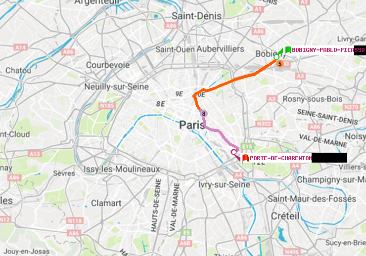 plan itinéraire ratp de Bobigny-Pablo-Picasso à Porte de Charenton