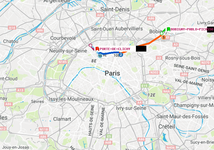 plan itinéraire ratp de Bobigny-Pablo-Picasso à Porte de Clichy