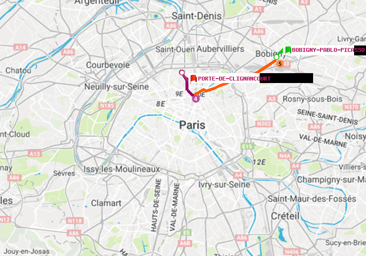 plan itinéraire ratp de Bobigny-Pablo-Picasso à Porte de Clignancourt
