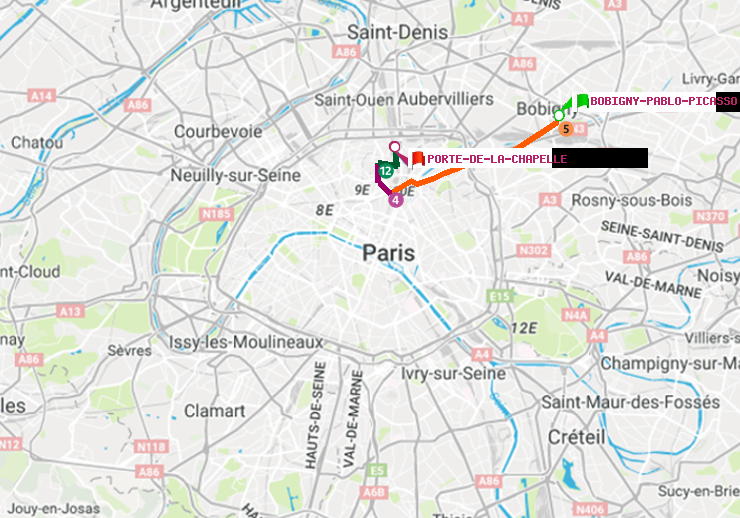 plan itinéraire ratp de Bobigny-Pablo-Picasso à Porte de la Chapelle