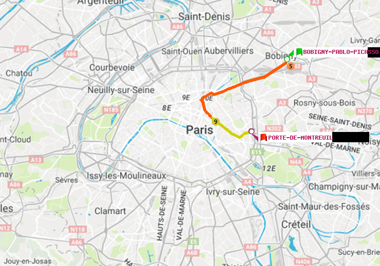 plan itinéraire ratp de Bobigny-Pablo-Picasso à Porte de Montreuil