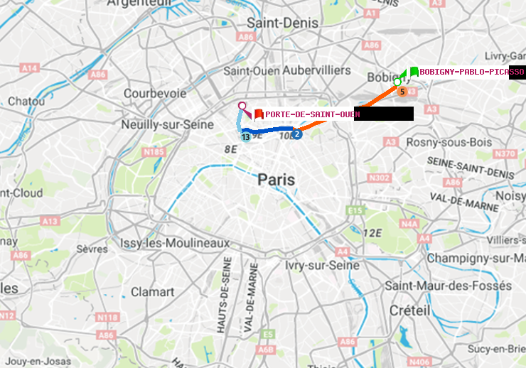 plan itinéraire ratp de Bobigny-Pablo-Picasso à Porte de Saint-Ouen