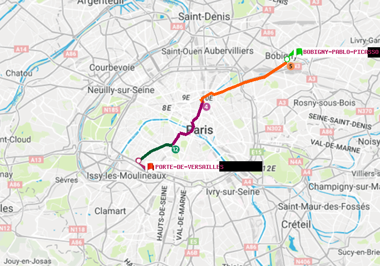 plan itinéraire ratp de Bobigny-Pablo-Picasso à Porte de Versailles