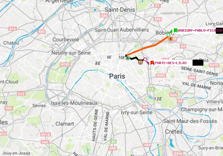 plan itinéraire ratp de Bobigny-Pablo-Picasso à Porte des Lilas