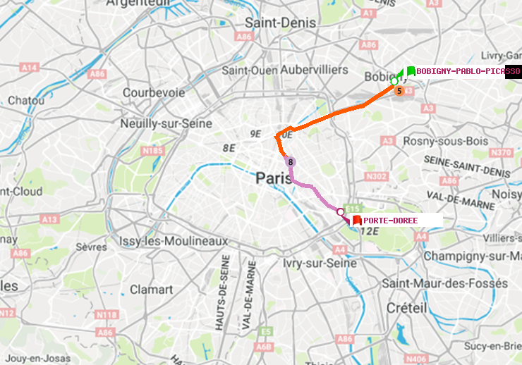 plan itinéraire ratp de Bobigny-Pablo-Picasso à Porte Dorée