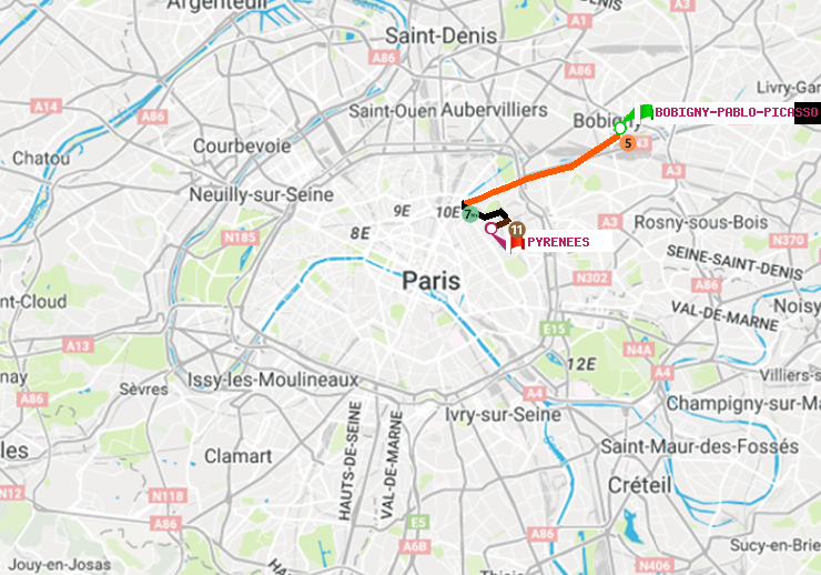 plan itinéraire ratp de Bobigny-Pablo-Picasso à Pyrenees