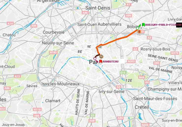 plan itinéraire ratp de Bobigny-Pablo-Picasso à Rambuteau