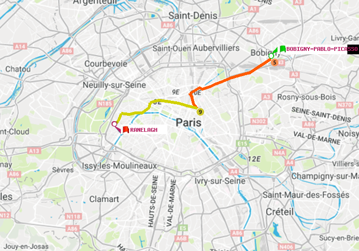 plan itinéraire ratp de Bobigny-Pablo-Picasso à Ranelagh