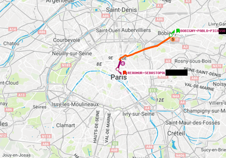 plan itinéraire ratp de Bobigny-Pablo-Picasso à Réaumur-Sébastopol