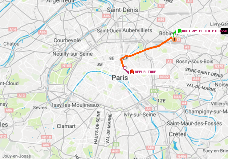 plan itinéraire ratp de Bobigny-Pablo-Picasso à République