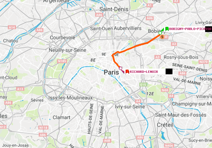plan itinéraire ratp de Bobigny-Pablo-Picasso à Richard-Lenoir