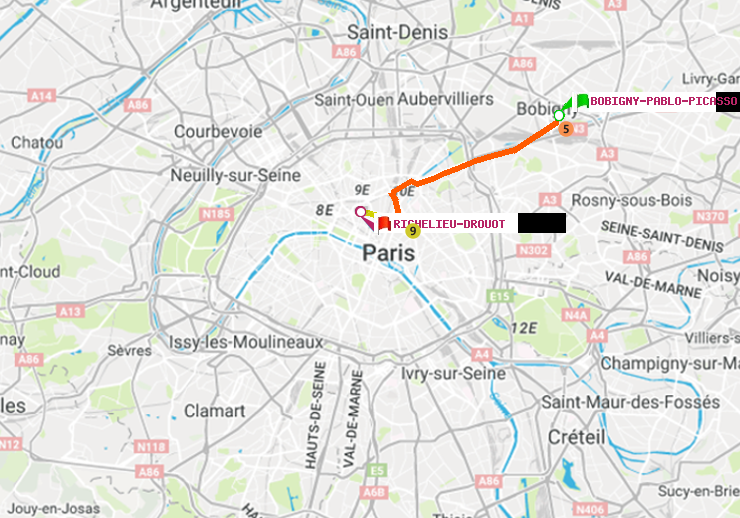 plan itinéraire ratp de Bobigny-Pablo-Picasso à Richelieu-Drouot