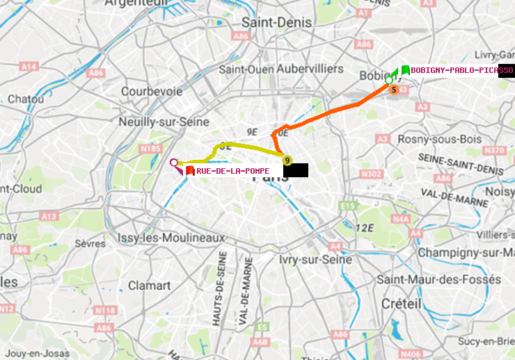 plan itinéraire ratp de Bobigny-Pablo-Picasso à Rue de la Pompe (Avenue Georges Mandel)