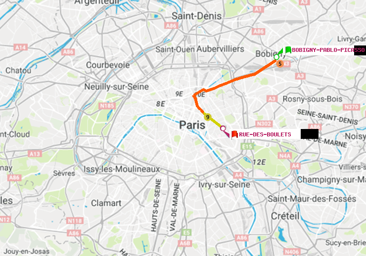 plan itinéraire ratp de Bobigny-Pablo-Picasso à Rue des Boulets