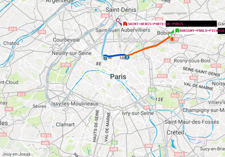 plan itinéraire ratp de Bobigny-Pablo-Picasso à Saint-Denis-Porte de Paris