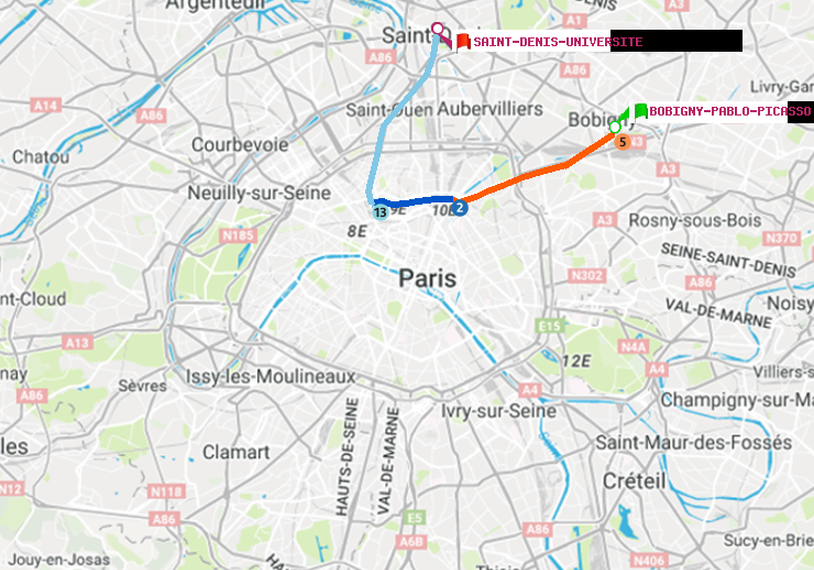 plan itinéraire ratp de Bobigny-Pablo-Picasso à Saint-Denis-Universite