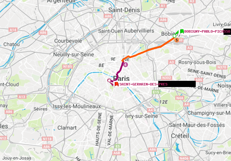 plan itinéraire ratp de Bobigny-Pablo-Picasso à Saint-Germain des Prés