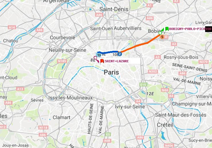 plan itinéraire ratp de Bobigny-Pablo-Picasso à Saint-Lazare