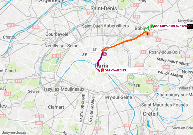 plan itinéraire ratp de Bobigny-Pablo-Picasso à Saint-Michel