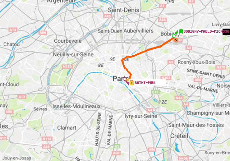 plan itinéraire ratp de Bobigny-Pablo-Picasso à Saint-Paul (Le Marais)