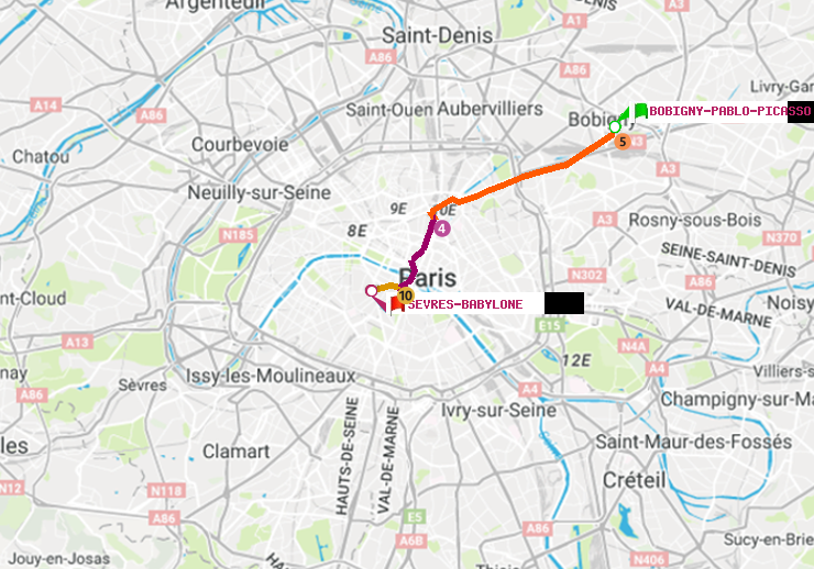 plan itinéraire ratp de Bobigny-Pablo-Picasso à Sèvres-Babylone