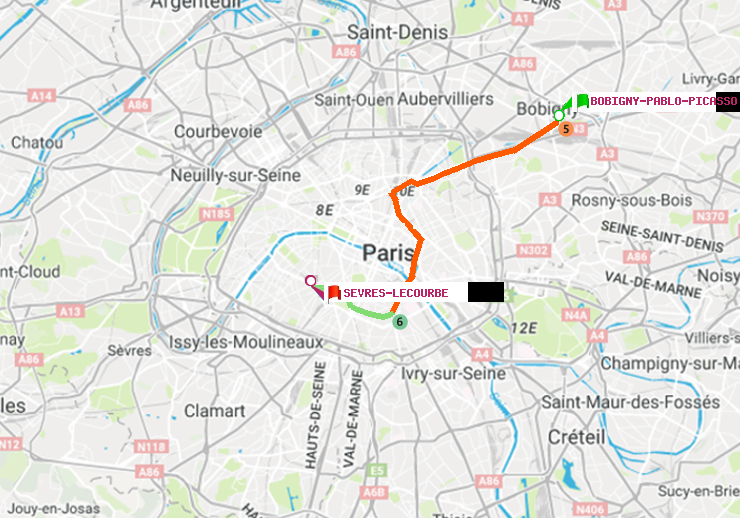 plan itinéraire ratp de Bobigny-Pablo-Picasso à Sèvres-Lecourbe