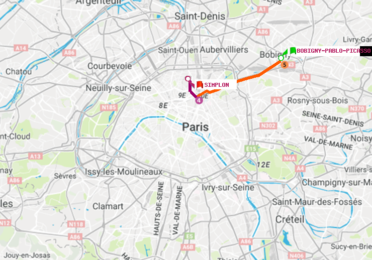 plan itinéraire ratp de Bobigny-Pablo-Picasso à Simplon