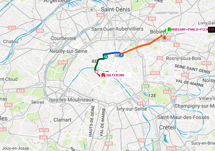 plan itinéraire ratp de Bobigny-Pablo-Picasso à Solférino