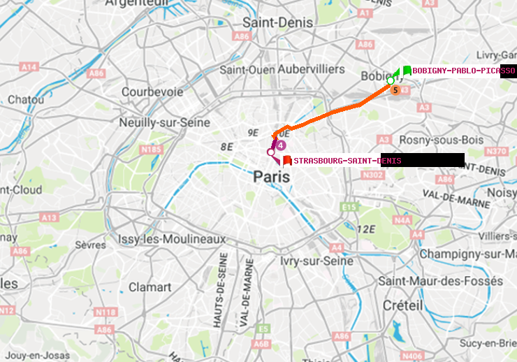 plan itinéraire ratp de Bobigny-Pablo-Picasso à Strasbourg-Saint-Denis