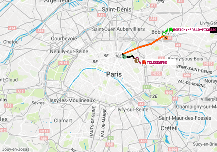plan itinéraire ratp de Bobigny-Pablo-Picasso à Telegraphe