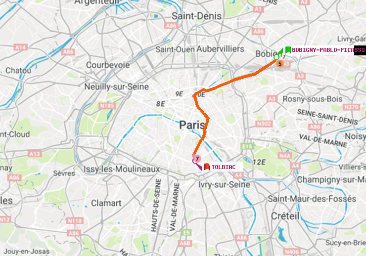 plan itinéraire ratp de Bobigny-Pablo-Picasso à Tolbiac
