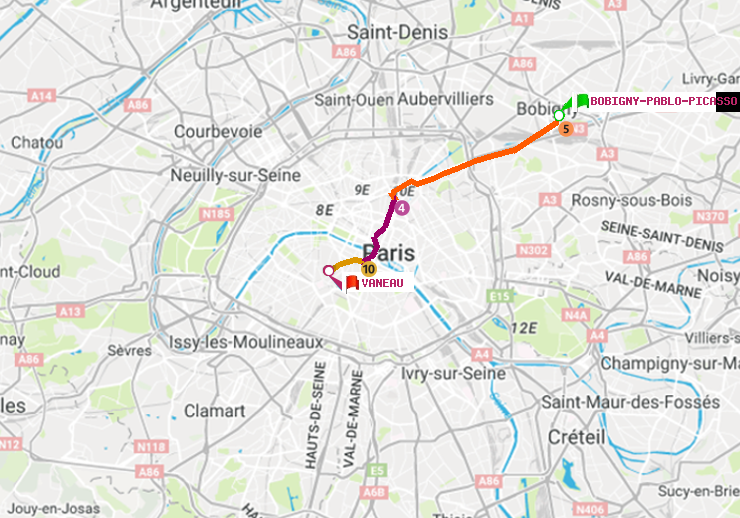 plan itinéraire ratp de Bobigny-Pablo-Picasso à Vaneau