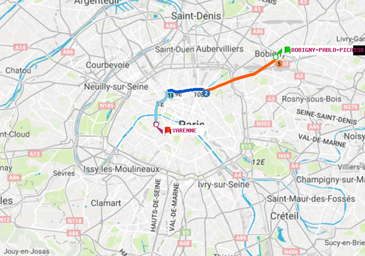 plan itinéraire ratp de Bobigny-Pablo-Picasso à Varenne