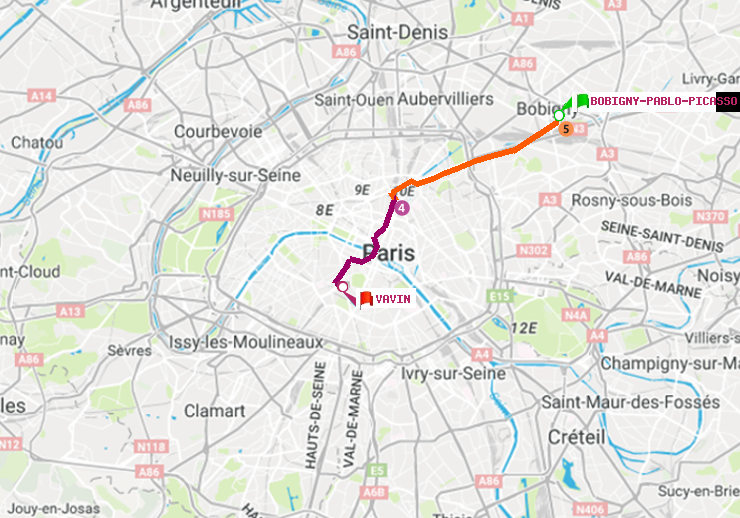 plan itinéraire ratp de Bobigny-Pablo-Picasso à Vavin