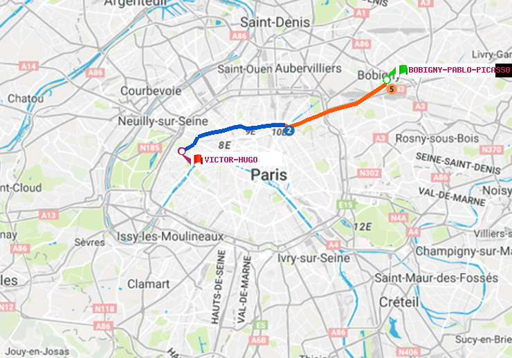 plan itinéraire ratp de Bobigny-Pablo-Picasso à Victor Hugo