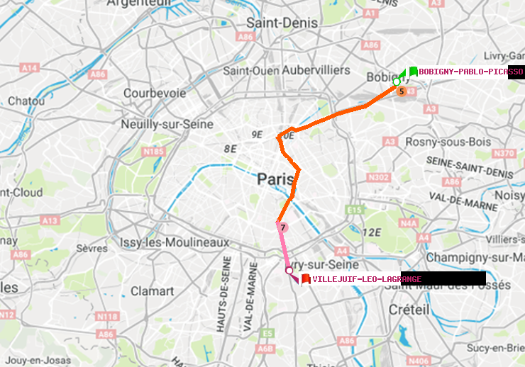 plan itinéraire ratp de Bobigny-Pablo-Picasso à Villejuif-Léo Lagrange
