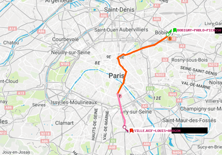 plan itinéraire ratp de Bobigny-Pablo-Picasso à Villejuif-Louis Aragon