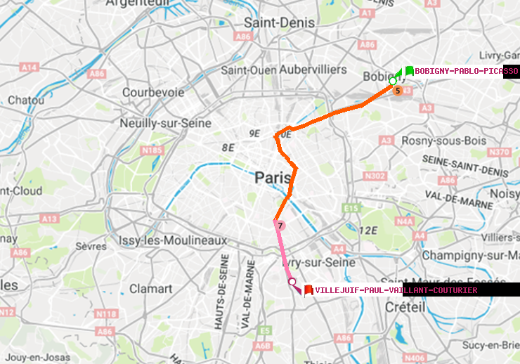 plan itinéraire ratp de Bobigny-Pablo-Picasso à Villejuif-Paul Vaillant Couturier (Hôpital Paul Brousse)