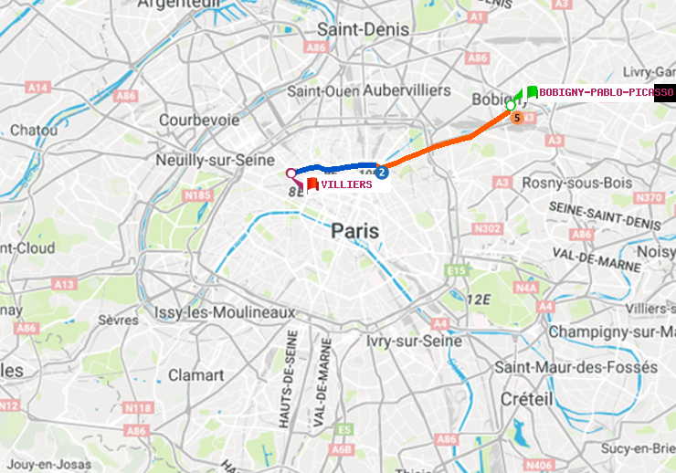 plan itinéraire ratp de Bobigny-Pablo-Picasso à Villiers