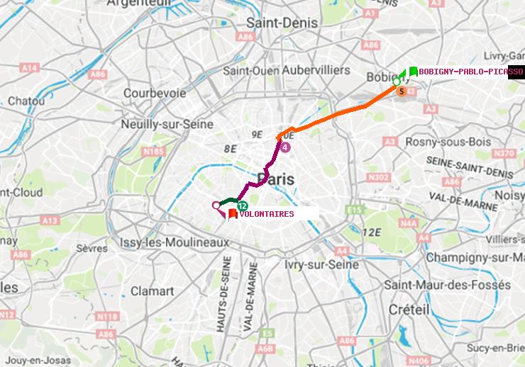 plan itinéraire ratp de Bobigny-Pablo-Picasso à Volontaires