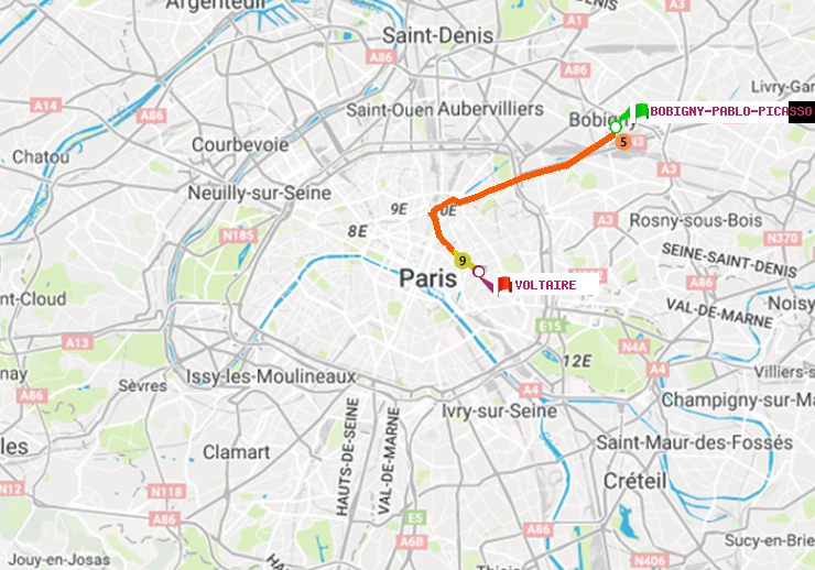 plan itinéraire ratp de Bobigny-Pablo-Picasso à Voltaire (Léon Blum)