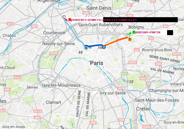 plan itinéraire ratp de Bobigny-Pantin (Raymond Queneau) à Asnieres-Gennevilliers Les Courtilles