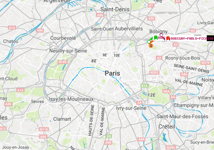 plan itinéraire ratp de Bobigny-Pantin (Raymond Queneau) à Bobigny-Pablo-Picasso