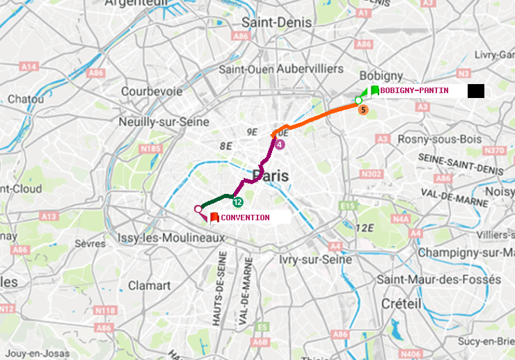 plan itinéraire ratp de Bobigny-Pantin (Raymond Queneau) à Convention